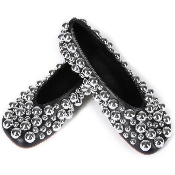 Women's Black Ballet Flats Mesh Silver Pearl Dress Shoes Work Party Everyday - Picture 2 of 7